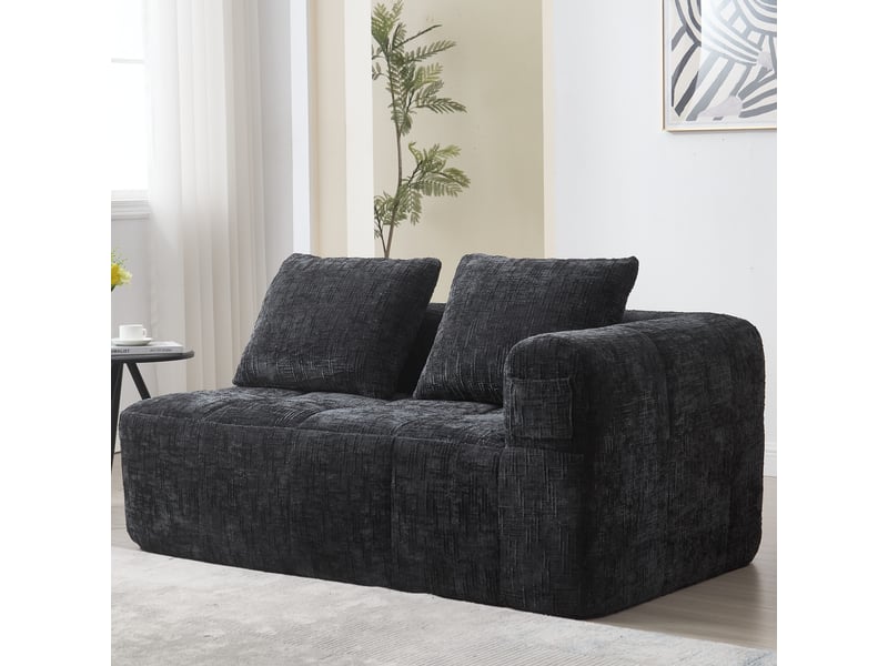  Canapé 2 places tissu en chenille douce avec coussins,canapé avec poches latérales,canapé modulable,design moderne noir 158x90x60cm - Conforama E