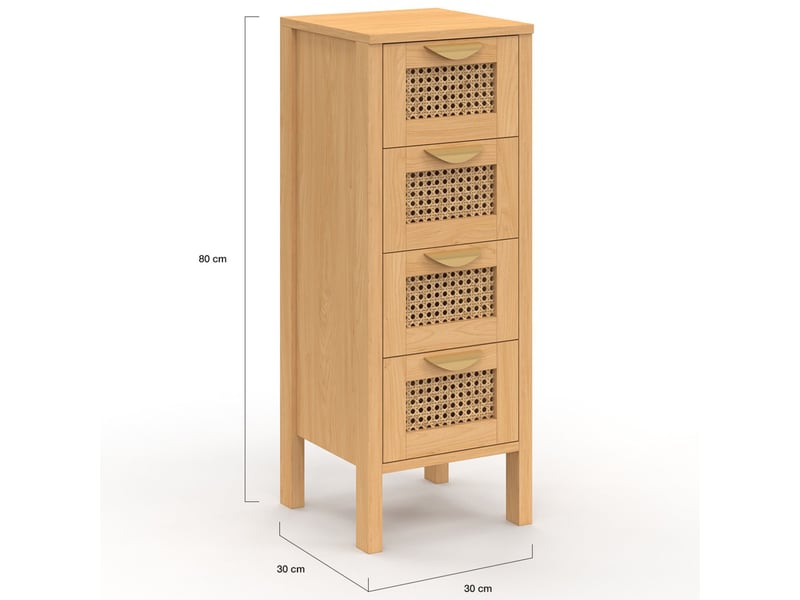 Meuble d'appoint 4 tiroirs edhen 30 cm chiffonnier bois et cannage pour entrée salle de bain  - Conforama F