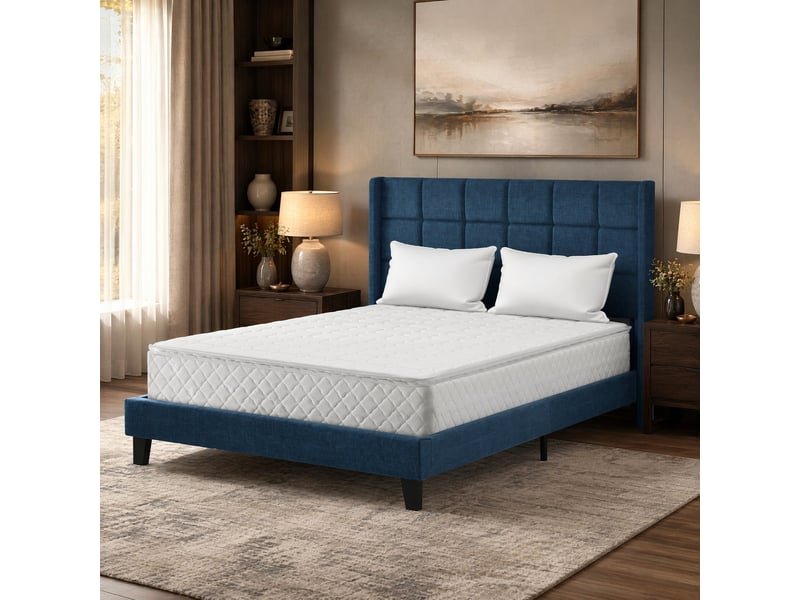  Lit double rembourré bleu en lin avec sommier à lattes et matelas à ressorts 140 x 200 cm  - Conforama C