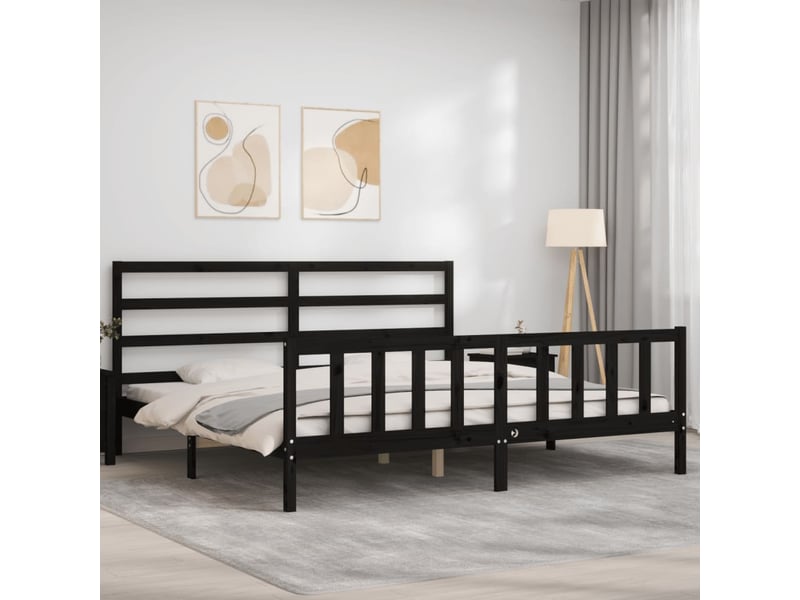  Lit double- lit adulte -  cadre de lit sans matelas noir 200x200 cm bois massif de pin  - Conforama C