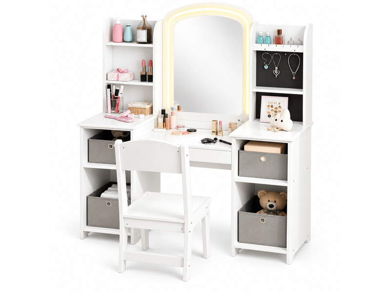  Coiffeuse enfant avec miroir led 2 couleurs 104x40x112 cm-tabouret-6 étagères-4 tiroirs tissu-mdf-blanc-3 à 8 ans  - Conforama A