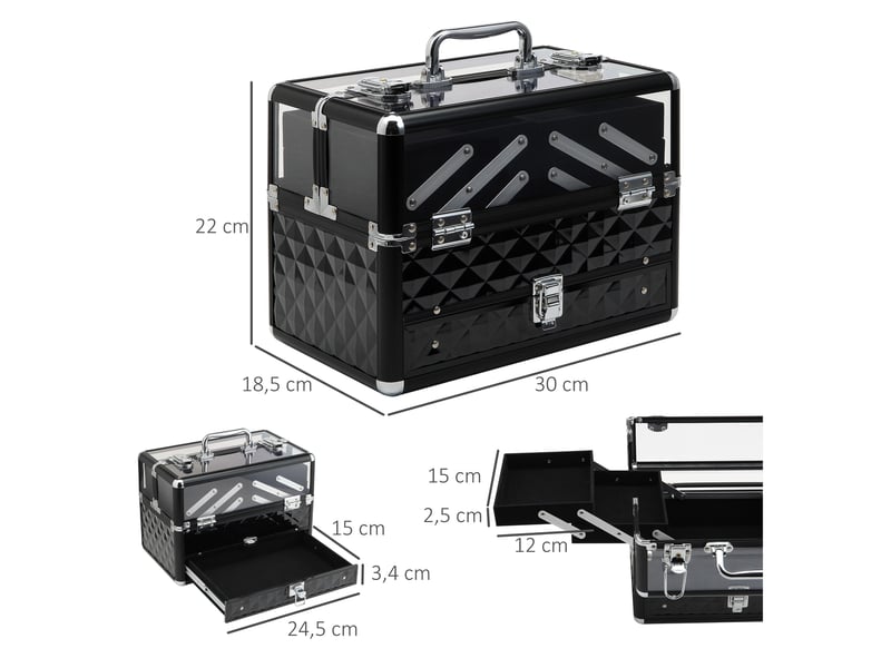 Trousse de maquillage & bijoux portable multi-niveaux, alliage aluminium, poignée, plateaux dépliables, 30 x 18,5 x 22 cm, transparent noir - Conforama E