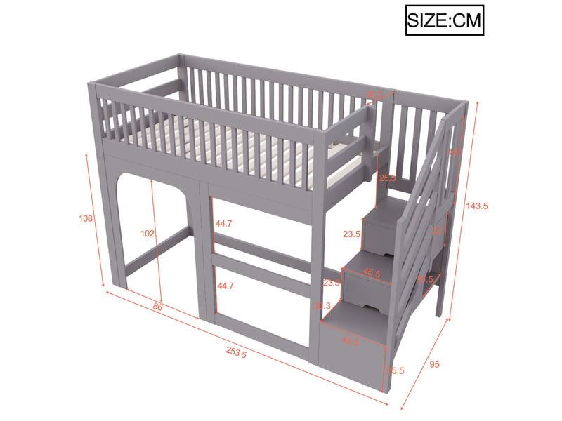  Lit mezzanine enfant 90 x 200 cm gris avec escalier de rangement, led et sommier à lattes  - Conforama E