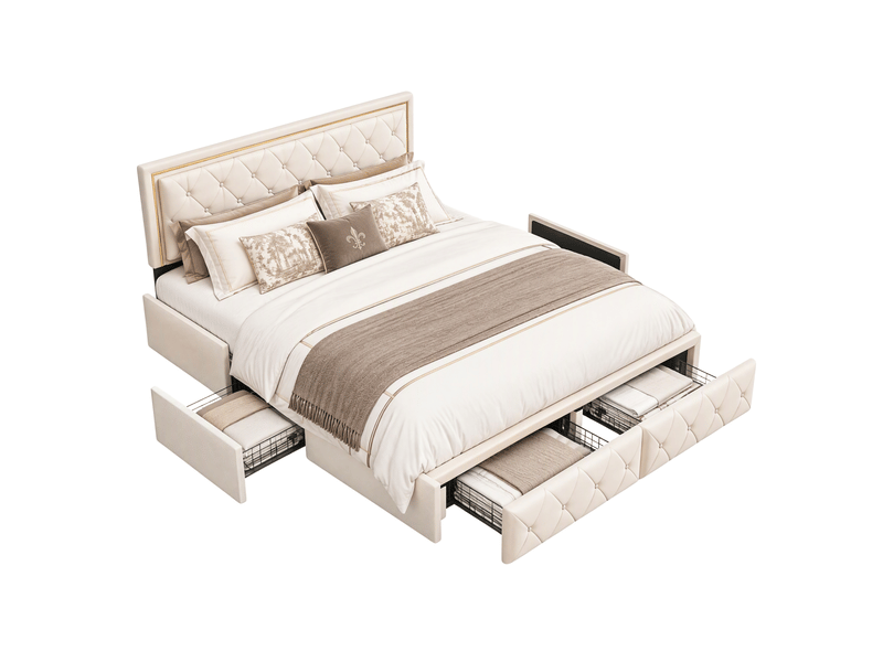  Lit double rembourré 140x200 cm avec 4 tiroirs, lit adulte avec rangement - led multicolores - tête de lit cloutée, sommier à lattes, lit 2 places, pu beige  - Conforama A