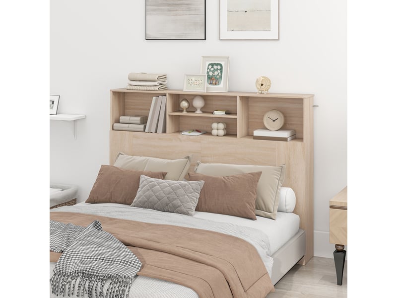  Tête de lit sur pied avec rangements, accessoire de lit 4 compartiments ouverts, 140 x 19 x 103,5 cm, effet bois naturel  - Conforama A