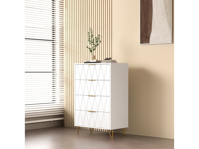  Commode 4 tiroirs style italo-scandinave - 60 x 34 x 90 cm-blanc - meuble de rangement vertical avec reliefs losanges et pieds dorés  - Conforama E