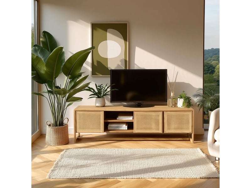  Amy - meuble tv 3 portes 2 niches l180cm en bois de mindi et rotin naturel  - Conforama B
