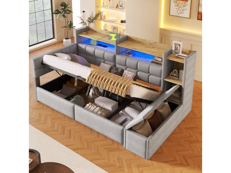  Lit coffre hydraulique 90x200 cm avec led multicolore, usb et usb-c et banc coffre, velours gris, sans matelas  - Conforama B