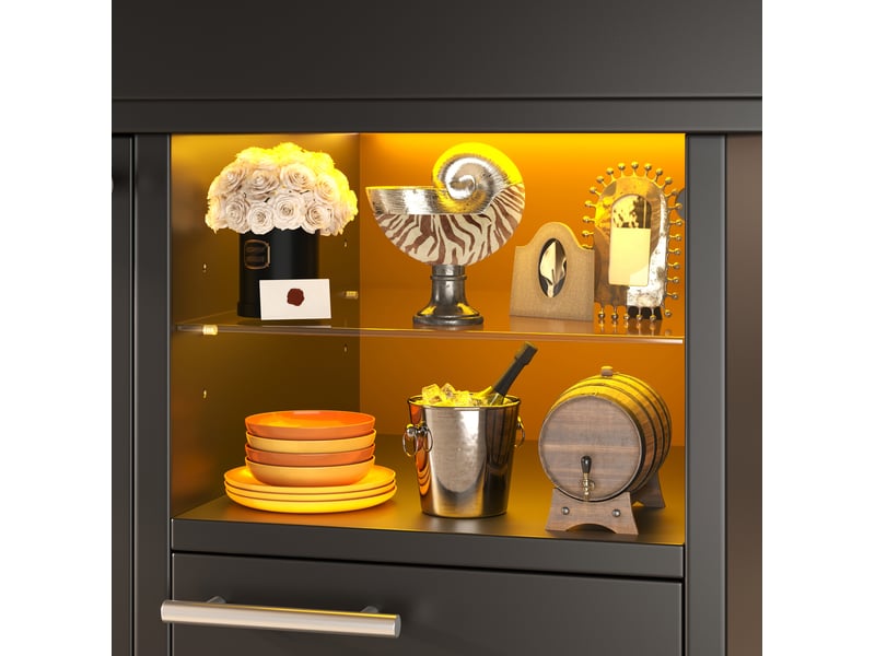  Table à manger extensible, 110-140x80x77,2 cm, avec espace de rangement led et tablettes, mdf et verre, coloris noir  - Conforama E