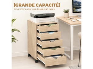 Caisson bureau mobile, meuble rangement sur roulettes avec 5 tiroirs, bois, chêne, 40 x 40 x 67 cm