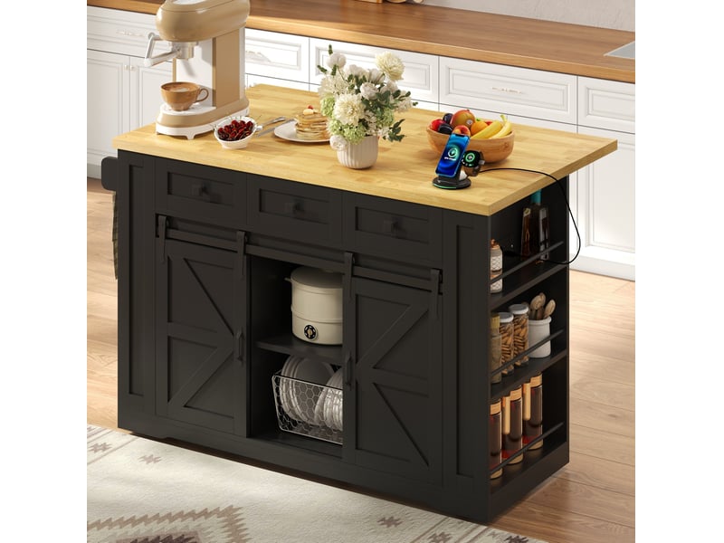  Îlot de cuisine mobile 130x50(80)x87 cm avec plateau rabattable noir et naturel  - Conforama B
