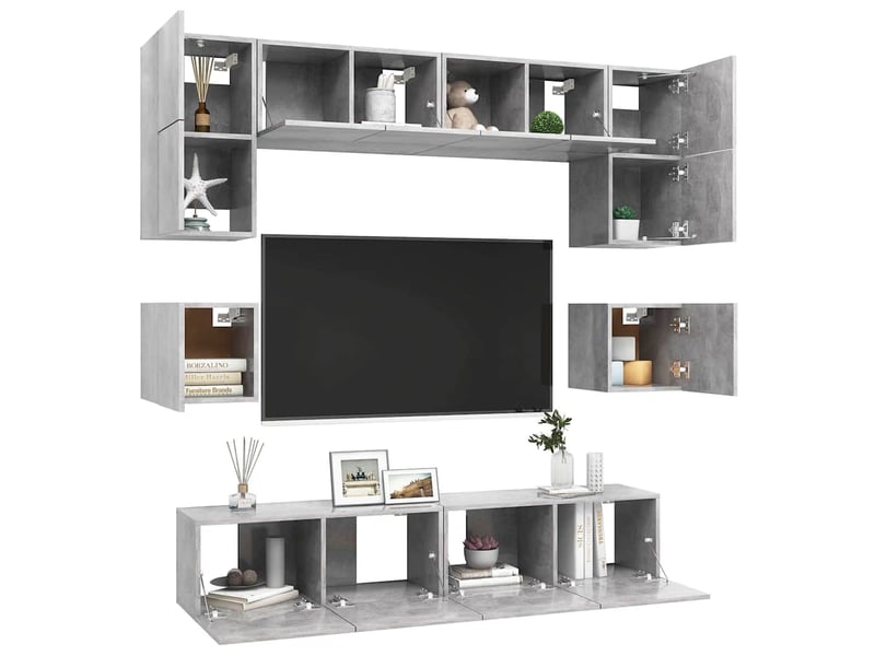  Ensemble de meubles tv - banc tv - meuble de rangement 8 pcs gris béton bois d'ingénierie  - Conforama C