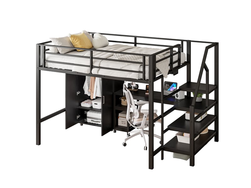  Lit mezzanine 140*200cm, noir, sans matelas, armoire, étagères, bureau, échelle rangement  - Conforama A