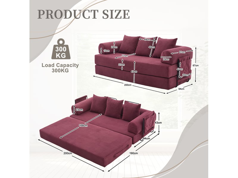  Canapé modulaire 3 places avec poches latérales et 3 coussins, structure en métal, velours côtelé rouge lie-de-vin  - Conforama C
