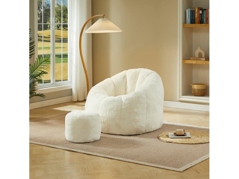  Fauteuil poire fleur 105x105x70 cm avec repose-pieds blanc crème  - Conforama B