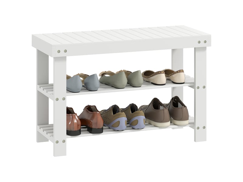  Banc à chaussures bambou, assise + 2 étagères 6 paires, entréesalonchambre, 70x28x45 cm, blanc.  - Conforama A