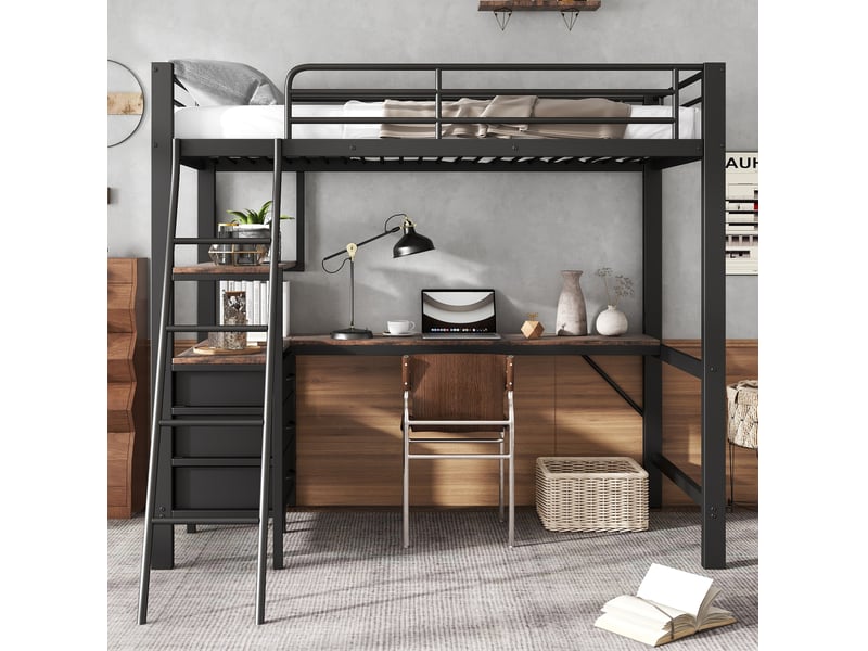 Lit mezzanine 90x200 cm en métal, bureau, 3 tiroirs et échelle inclinée noir - Conforama E