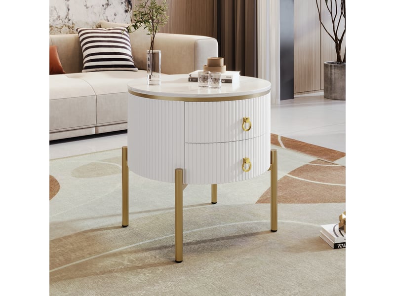  Table basse avec 2 tiroirs et pieds réglables, en mdf, blanc et or, 50 × 50 × 51 cm - uvrion  - Conforama D