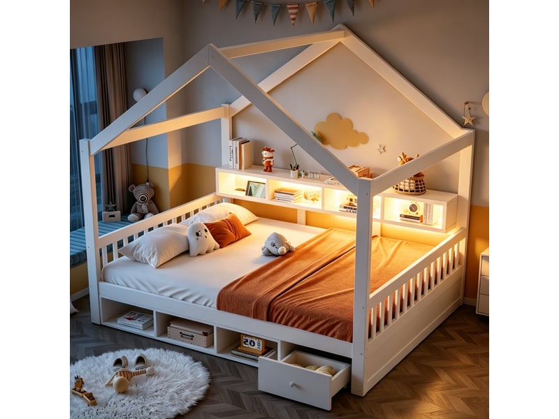  Lit cabane en bois 140 × 200 cm, avec étagères, compartiments de rangement et tiroirs, sommier inclus, blanc  - Conforama D