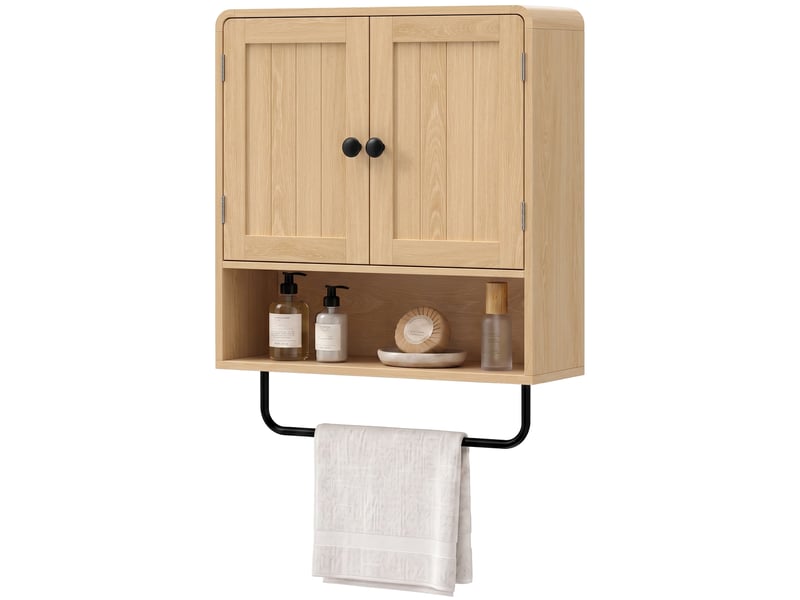  Armoire murale salle de bain 2 portes étagère niche avec porte-serviette effet bois clair métal noir  - Conforama E
