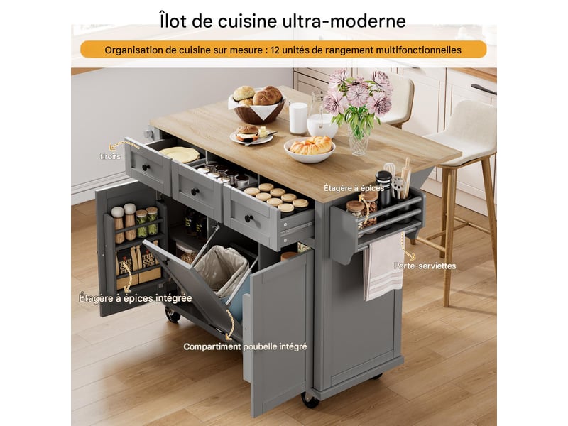 Ilot de cuisine extensible sur roulettes mdf gris et naturel 131x46x93 cm - pangivo  - Conforama E