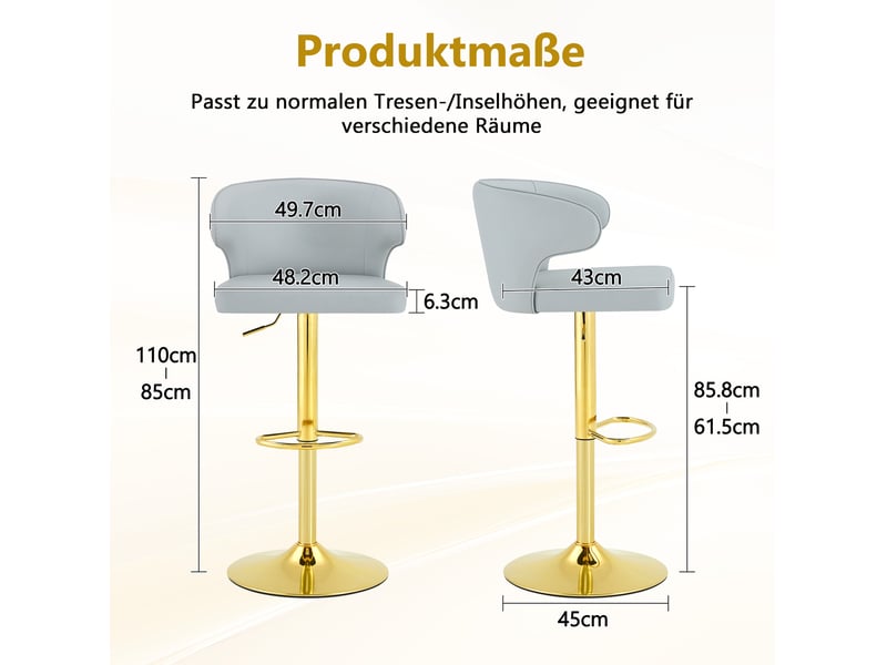  Lot de 2 tabourets de bar 49.7x45x110 cm réglables en hauteur et pivotants 360°, polyuréthane (pu), couleur gris clair  - Conforama C