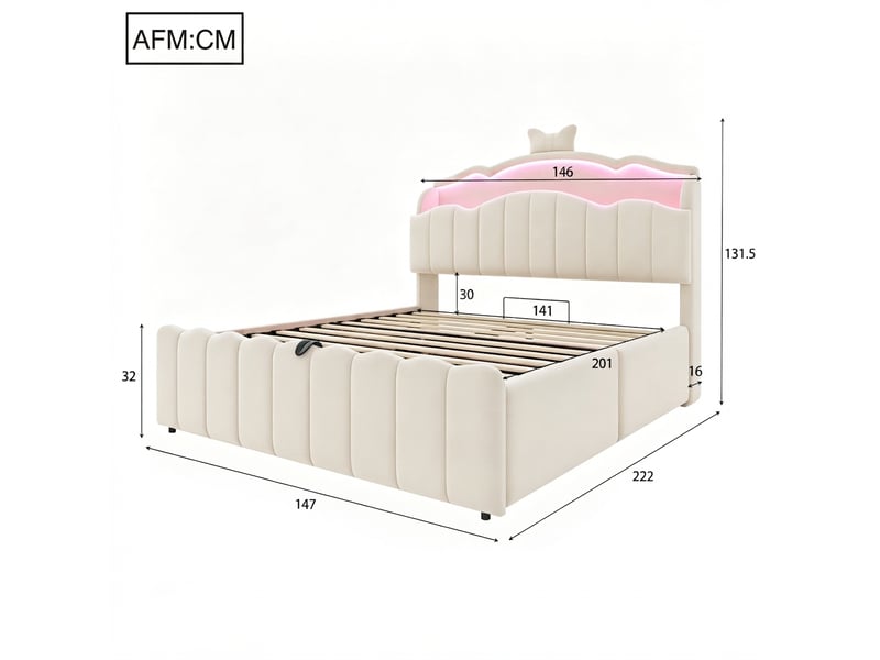 Lit jeune, 140x200 cm, éclairage led, ports de charge, en métal, beige cao-LDU00587AAA-conf-NEW - Conforama E