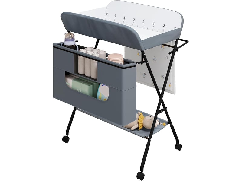 Table à Langer Bébé Pliable Morlinca - Hauteur Réglable 5 Niveaux (88-94 Cm), Avec Panier Rangement, Roulettes - Gris