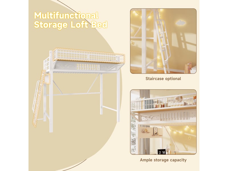  Lit mezzanine, 90 × 200 cm, blanc, métal, étagères, espace ouvert dessous, sans matelas, dimensions 235 × 119,5 × 188 cm  - Conforama C