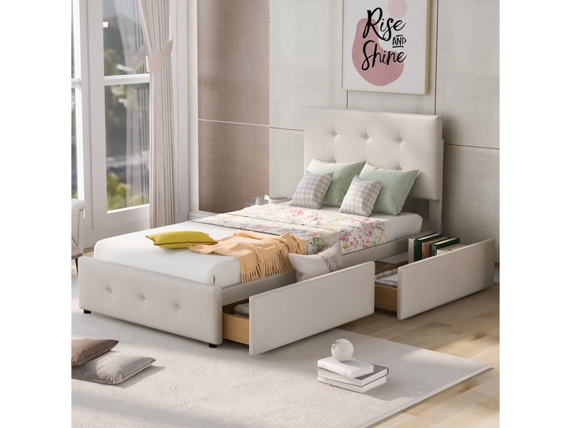  Lit pour enfant 90x200 cm, lit une place avec 2 tiroirs de rangement, tête de lit et sommier à lattes, velours, beige, sans matelas  - Conforama W