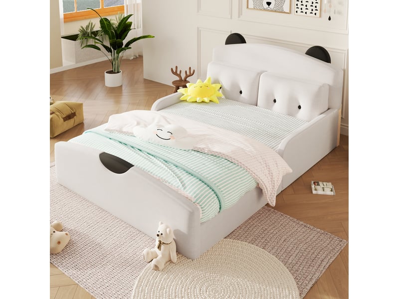  Lit 2 places modenvie 140 x 200 cm en lin blanc, tête de lit en forme d'ours, avec 2 coussins décoratifs  - Conforama B