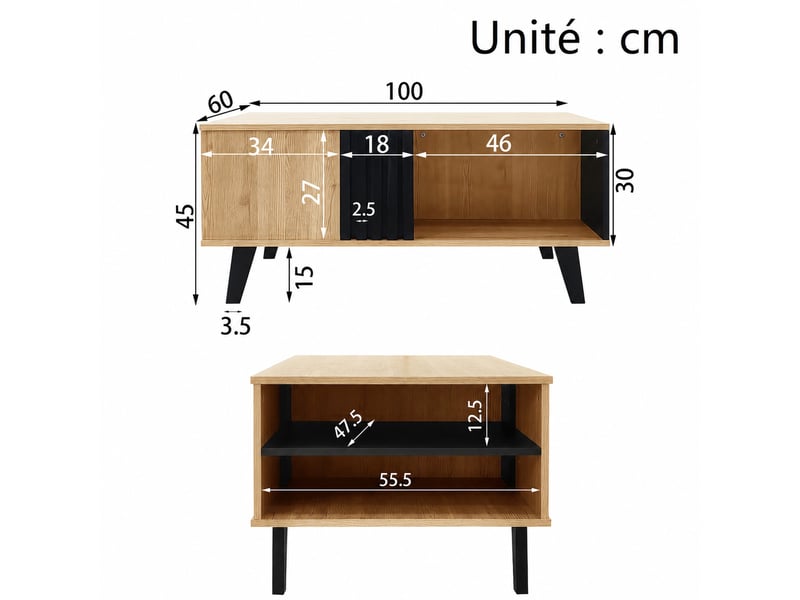  Table basse rectangulaire avec rangements – noir et décor bois – 100 x 60 x 45 cm  - Conforama D