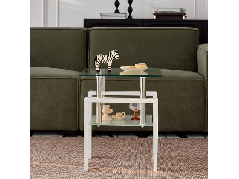  Lot de 2 tables d’appoint en verre trempé transparent, 2 niveaux, structure blanche  - Conforama D