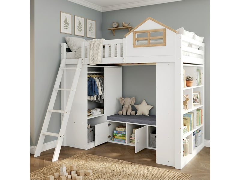 Lit mezzanine enfant 90 × 200 cm 1 place avec armoire, étagères et banquette, sans matelas, en bois blanc et naturel - Conforama B