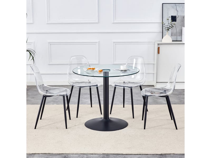  Ensemble table à manger avec 4 chaises, table ronde en verre trempé 85 cm, sièges transparents et piètement en métal noir  - Conforama B