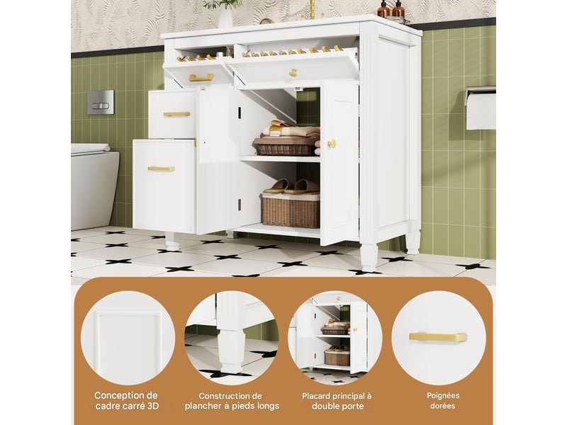  Meuble sous-vasque avec vasque céramique 4 tiroirs mdf blanc 91 x 46.5 x 87 cm  - Conforama E