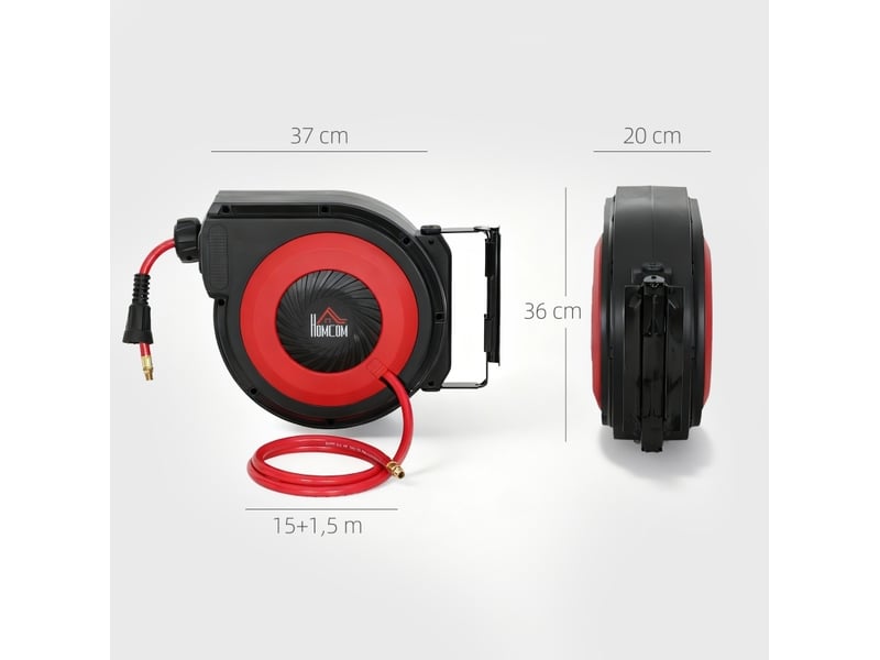  Enrouleur de tuyau pneumatique 16,5 m rouge et noir en plastique, support mural pivotant et retour automatique  - Conforama C