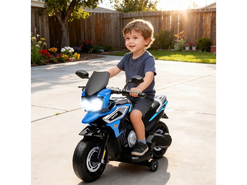  Moto électrique enfants 6 v, voiture électrique enfants avec roues d'entraînement, musique, effets lumineux, bleu  - Conforama C