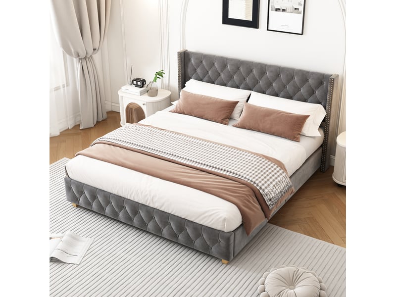  Lit 160x200 cm avec cadre à lattes, tête de lit, velours gris sans matelas  - Conforama C