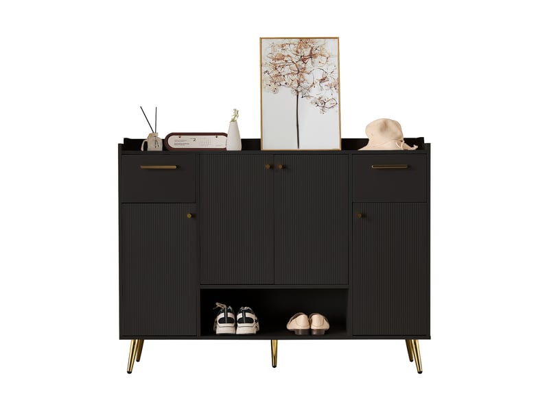  Meuble à chaussures 4 portes, 2 tiroirs et niche ouverte pour entrée 130×37×100 cm noir  - Conforama A