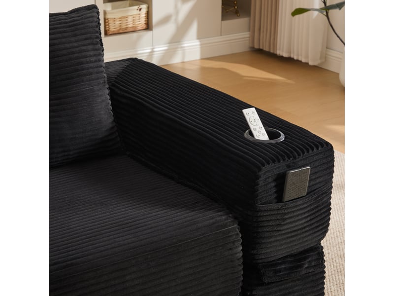 Canapé convertible 2 places en velours côtelé noir avec porte-gobelet et poches latérales  - Conforama W