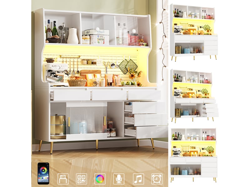  Armoire haute blanche avec led, meuble de rangement cuisine et salle à manger moderne, portes en verre, 145x39x171cm.  - Conforama C
