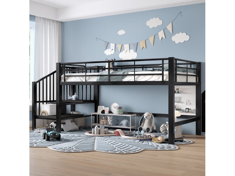  Lit mezzanine enfant mi-hauteur 90 x 200 cm avec escalier de rangement noir  - Conforama C