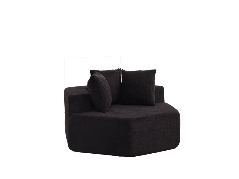 Fauteuil modulable hexagonal avec 3 coussins, assise moelleuse et agencement polyvalent en chenille noire - Conforama A