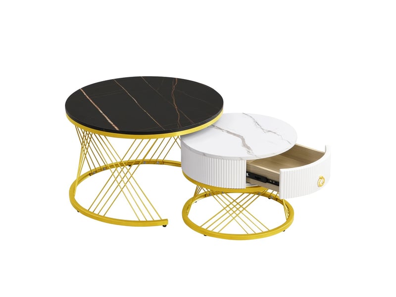 Table basse, plateau effet marbre et or, rangement intégré, pieds métal réglables - Conforama D