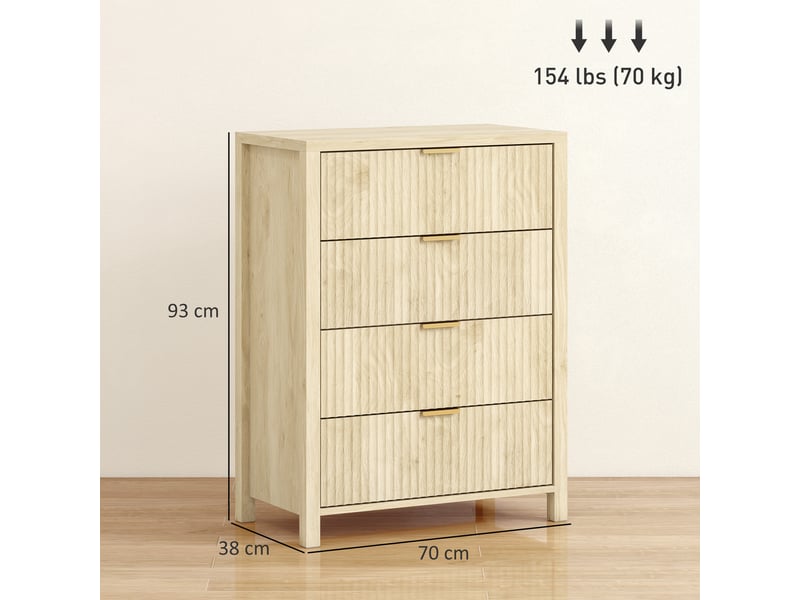  Commode à 4 tiroirs rainurés et poignées dorées, 70 x 38 x 93 cm, bois naturel  - Conforama E