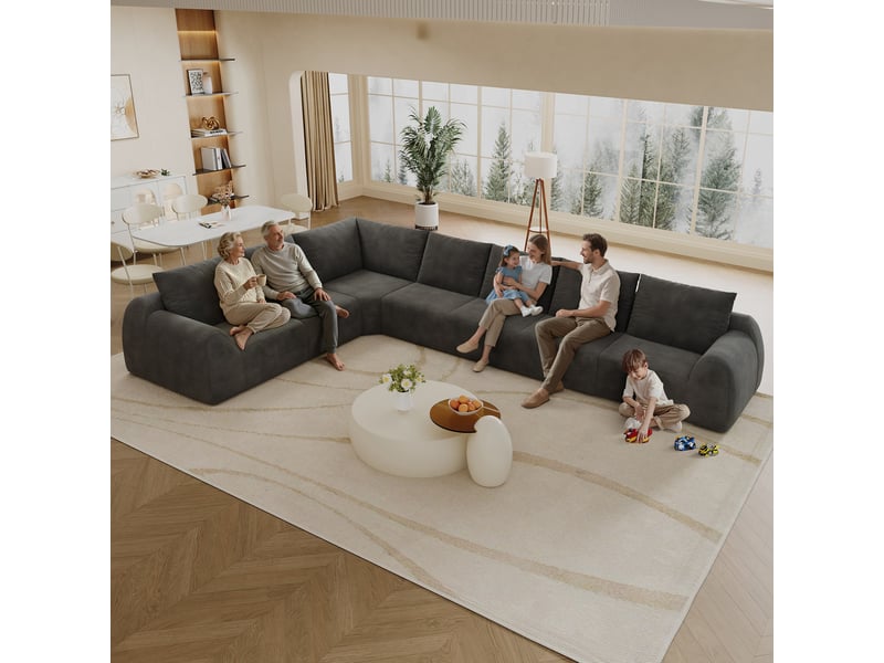 Canapé d’angle 7 places en forme l, canapé à compression de mousse, sans montage, chenille, gris foncé, 401x267x85 cm - Conforama E
