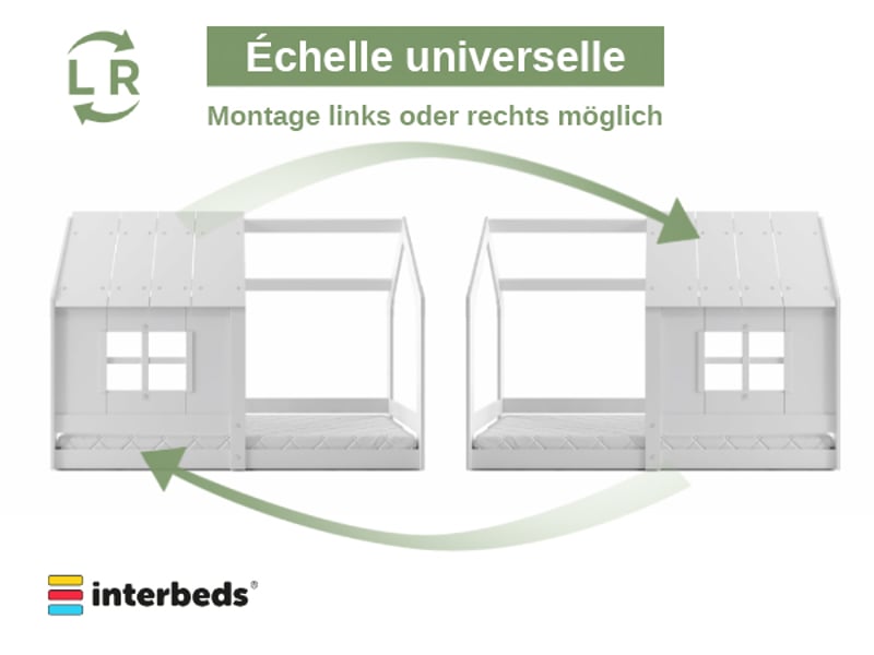 Lit cabane enfant montessori en bois massif blanc avec toit et fenêtre, 80x160 cm – sommier à lattes inclus - Conforama R