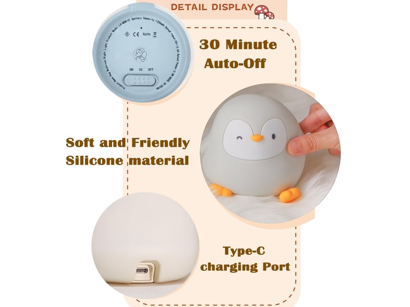  Veilleuse pingouin en silicone pour enfants, rechargeable, 50 h d’autonomie, commande tactile, minuterie  - Conforama E