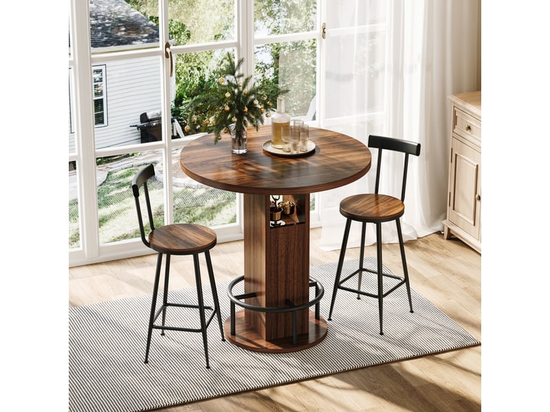  Ensemble table haute ronde avec deux tabourets, diamètre 80 cm, rangements intégrés, panneaux de particules et acier, effet noyer  - Conforama B